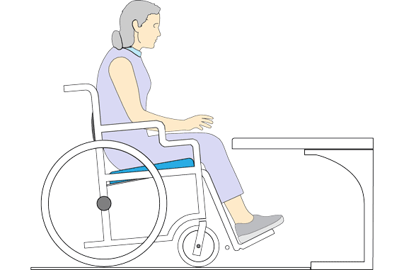 Illustration of a woman in her wheelchair unable to fit under a table